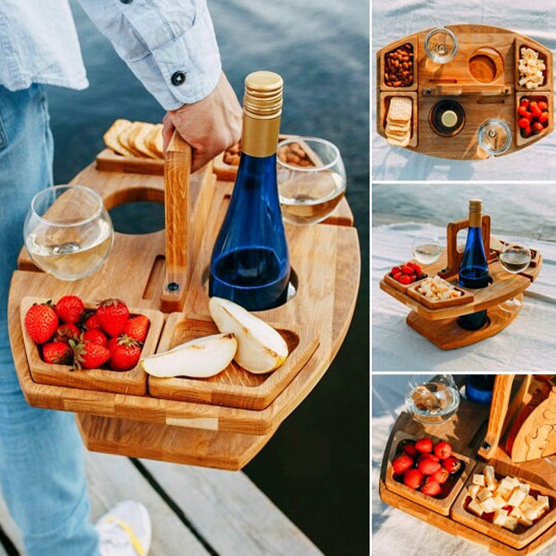 Oak Wood Picnic Wine Table for Bottle, Glasses and Snacks 6