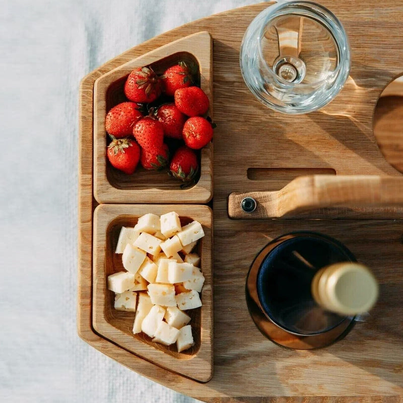 Oak Wood Picnic Wine Table for Bottle, Glasses and Snacks 8