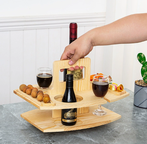 Oak Wood Picnic Wine Table for Bottle, Glasses and Snacks 9