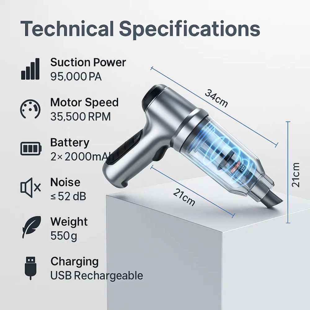 Powerful Cordless Car Vacuum Cleaner with 6 Attachments