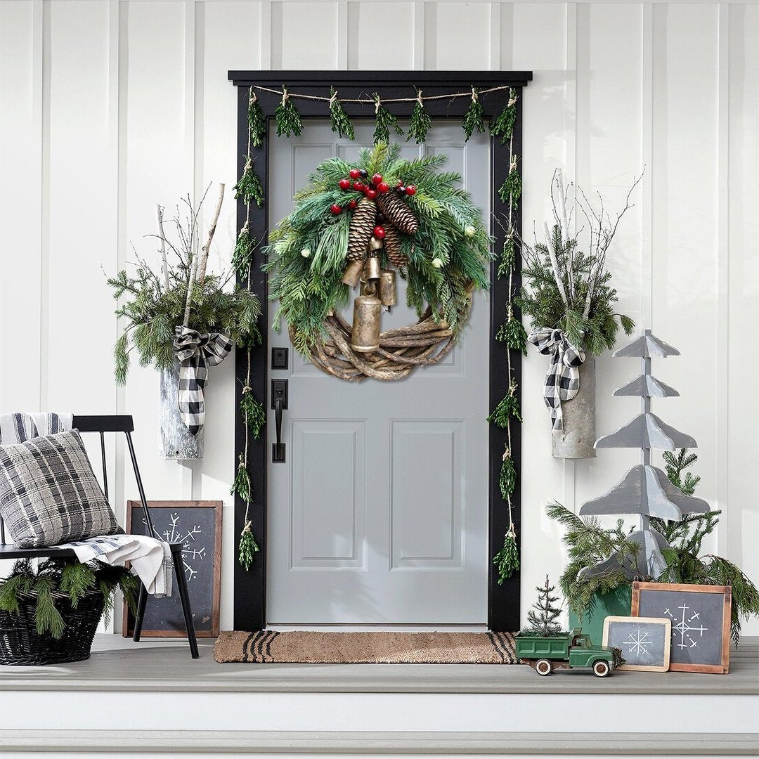 Rustic Boho Christmas Wreath with Pinecones & Bells