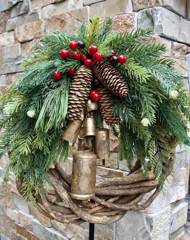 Rustic Boho Christmas Wreath with Pinecones & Bells