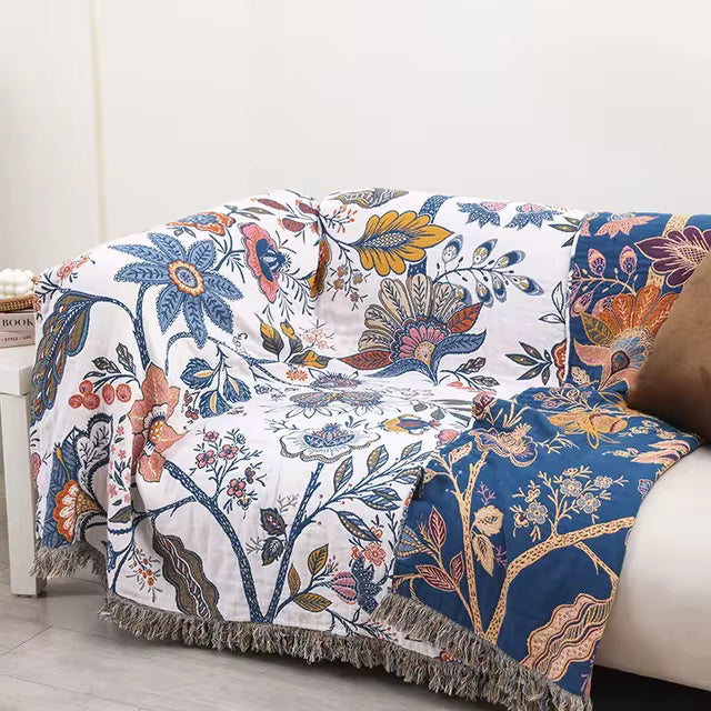 Rustic Flora - 100% Cotton Floral Throw Blanket with Tassels
