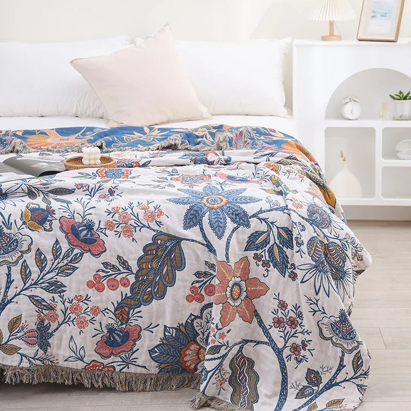Rustic Flora - 100% Cotton Floral Throw Blanket with Tassels