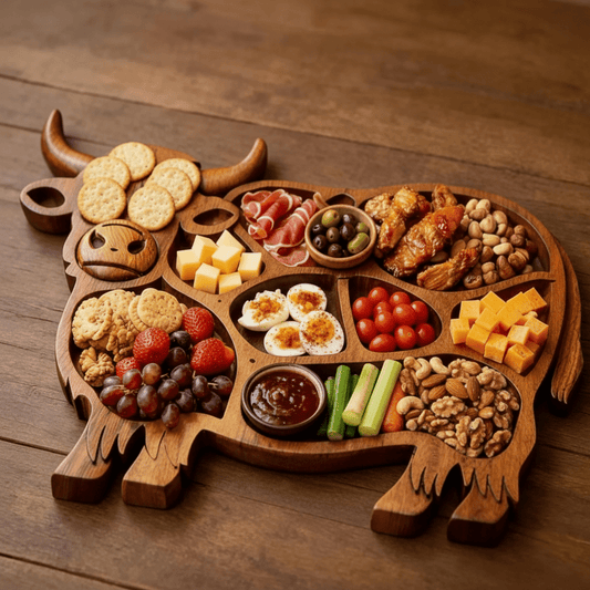 Rustic Solid Wood Sausage Board with Cow Motif for Cheese & Snacks