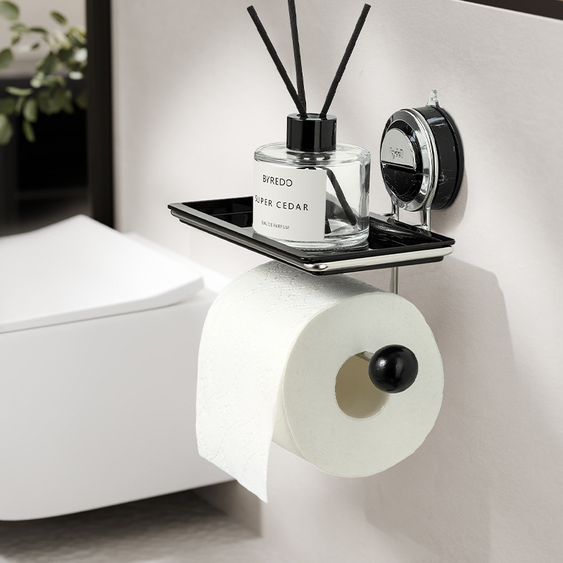 Suction Toilet Roll Holder Stand - Stainless Steel with Wood-Grain Design