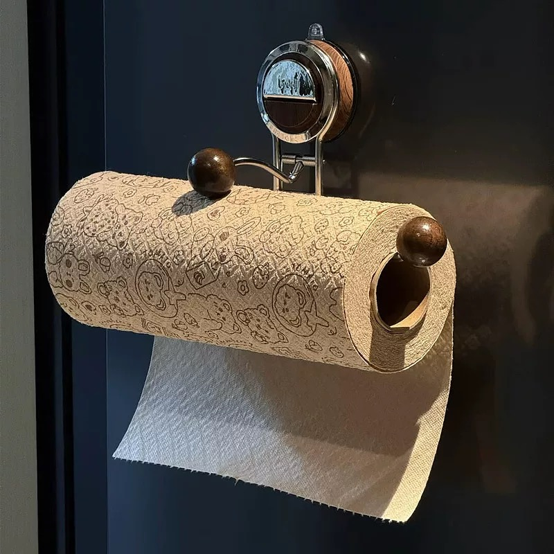 Suction Toilet Roll Holder Stand - Stainless Steel with Wood-Grain Design