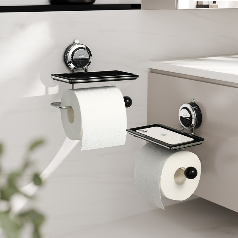Suction Toilet Roll Holder Stand - Stainless Steel with Wood-Grain Design